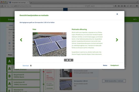 A web application design for a government administration showing a modal with solar panels and text.